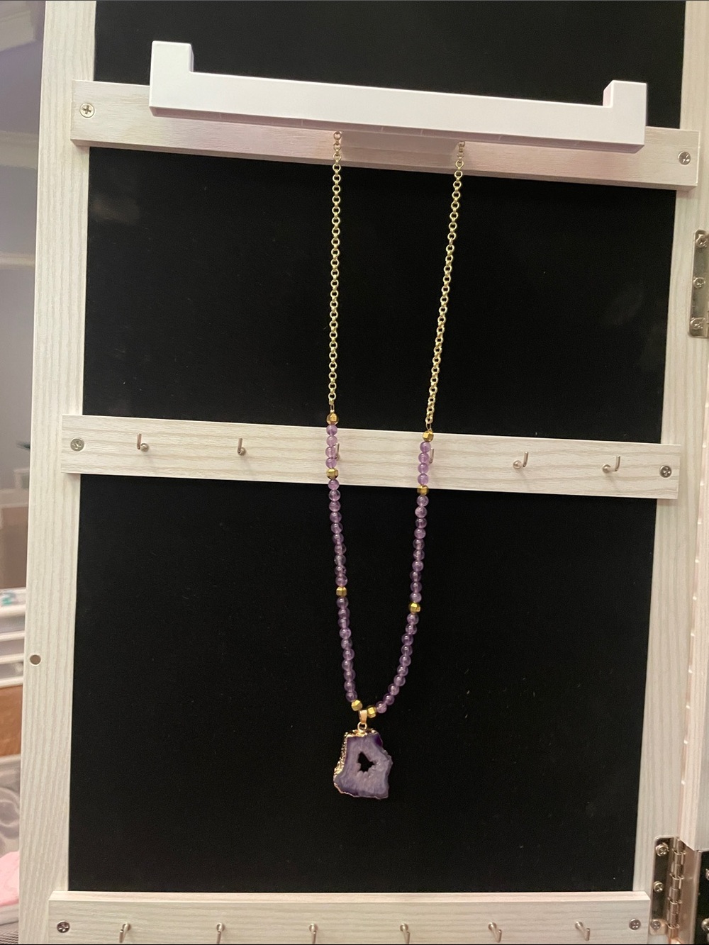 Handmade Purple Amethyst Geode Pendant Necklace - Gold Chain
